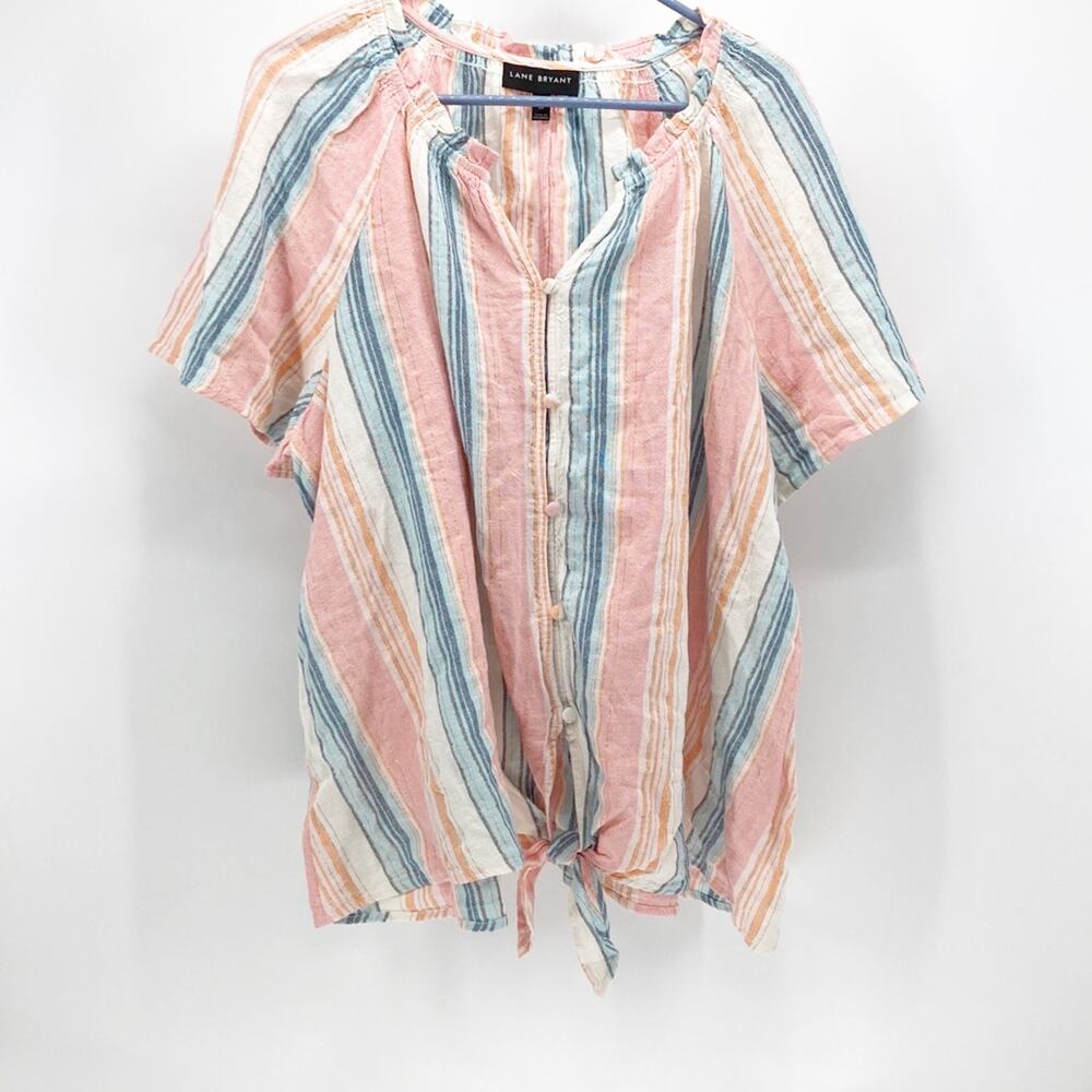 Lane Bryant Top Stripe V Neck Button Down Linen Blend Short Sleeve size 20